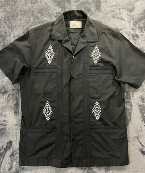 Ravgo Mens Medium Guayabera Cuban Wedding Camp Charcoal Gray/Blk Embroidered